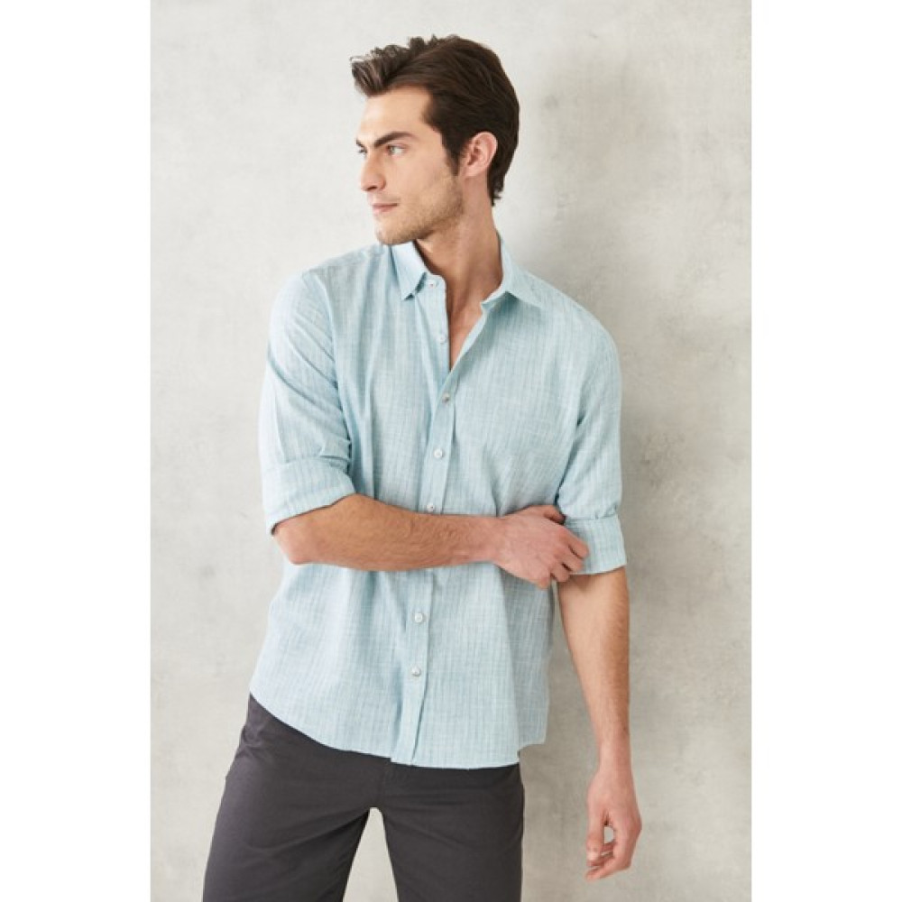 AC&Co / Altınyıldız Classics Erkek Yeşil Slim Fit Dar Kesim Gizli Düğmeli Yaka Keten Görünümlü %100 Pamuk Flamlı Gömlek Erkek Gömlek Fiyatı