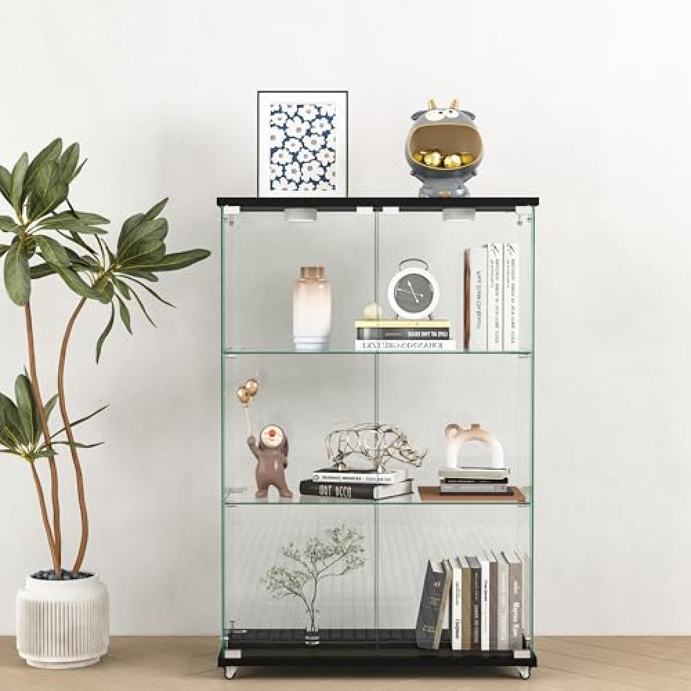 ACCOER Modern Glass Display Cabinet with LED Lights, Quick-Assembly Antique Style, Tempered Glass Bookshelf with 2 Doors and 3 Shelves, Transparent + Black Finish, Perfect for Living Room or Bedroom