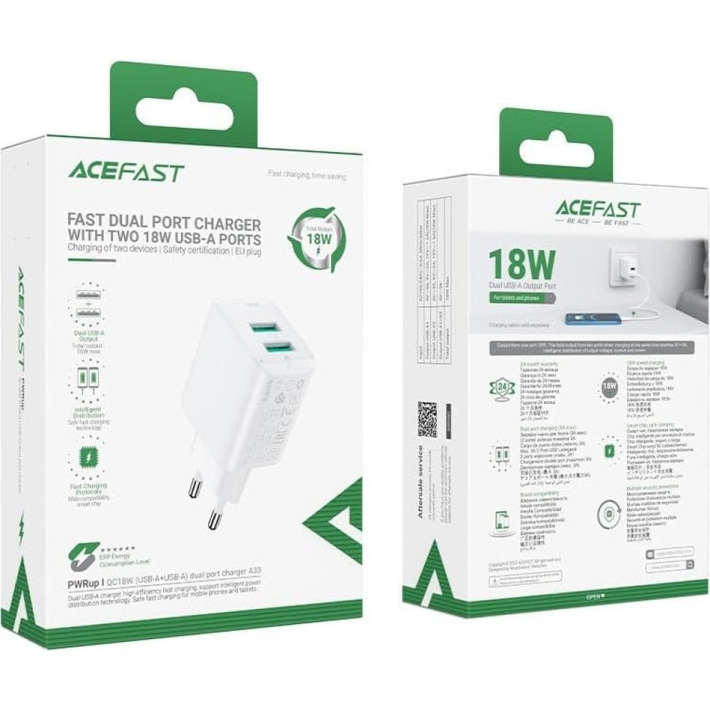 Acefast Duvar Şarj Çift Usb-A Çıkışlı 18W Telefon ve Tablet Şarj Başlık Fast Charge Wall Charger Dual Usb-A Şarj Kafa QC18W (2xusb-A) Eu A33SIYAH Cep Telefonu Şarj Cihazı Fiyatı