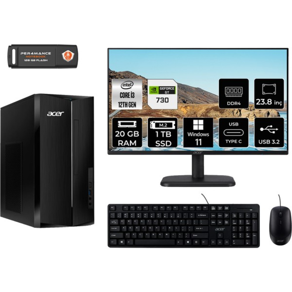 Acer Aspire TC1760 Intel Core I3 12100 20GB 1tb SSD GT730/4GB 23.8" Fhd Monitör W11H DT.BHUEM.004 Masaüstü Bilgisayar & Per4 USB Bellek DTBHUEM004MNT2368 Oto Boyaları Fiyatı