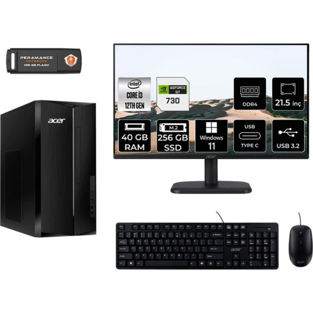 Acer Aspire TC1760 Intel Core I3 12100 40GB 256GB SSD GT730/4GB 21.5" Fhd Monitör W11H DT.BHUEM.004 Masaüstü Bilgisayar & Per4 USB Bellek DTBHUEM004MNT2386 Oto Boyaları Fiyatı