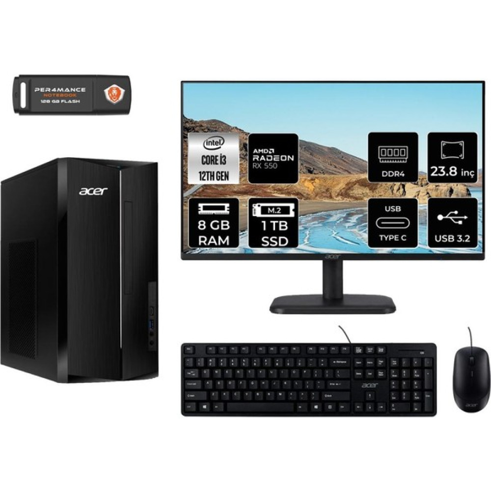 Acer Aspire TC1760 Intel Core I3 12100 8gb 1tb SSD RX550/4GB 23.8" Fhd Monitör Fdos DT.BHUEM.004 Masaüstü Bilgisayar & Per4 USB Bellek DTBHUEM004MNT1303 Oto Boyaları Fiyatı