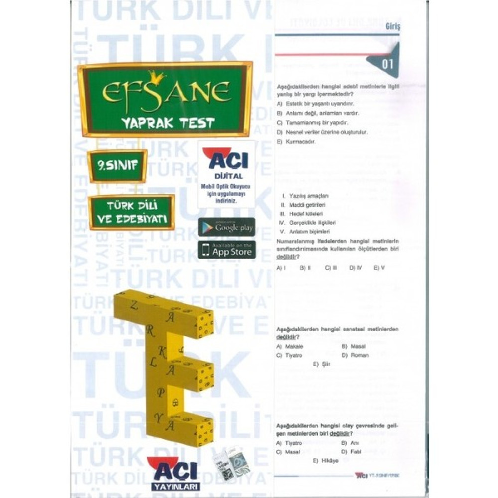Açı 9. Sınıf Tük Dili Ve Edebiyatı Çek Kopart Yaprak Test Yaprak Testler Fiyatı