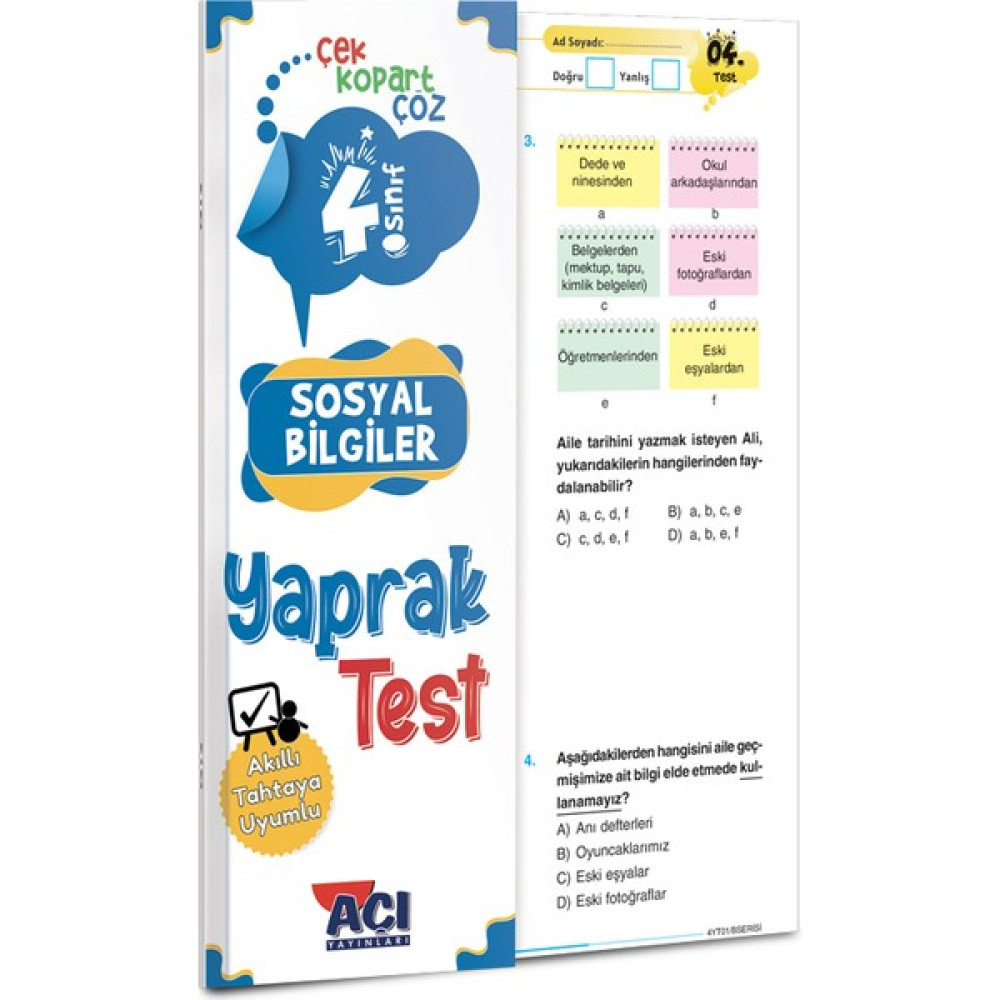 Açı Yayınları 4.sınıf Sosyal Bilgiler Çek Kopart Yaprak Test Sosyal Bilgiler Fiyatı