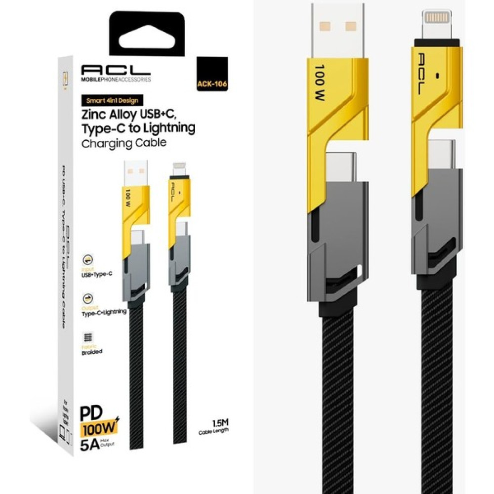 Acl 4 In 1 Usb+C Type C To Lightning Şarj Kablosu, Metal Başlık Sağlam Kopmaz Kablo 100 W Pd Hızlı Şarj Ios Typec USB Cep Telefonu Şarj Cihazı Fiyatı