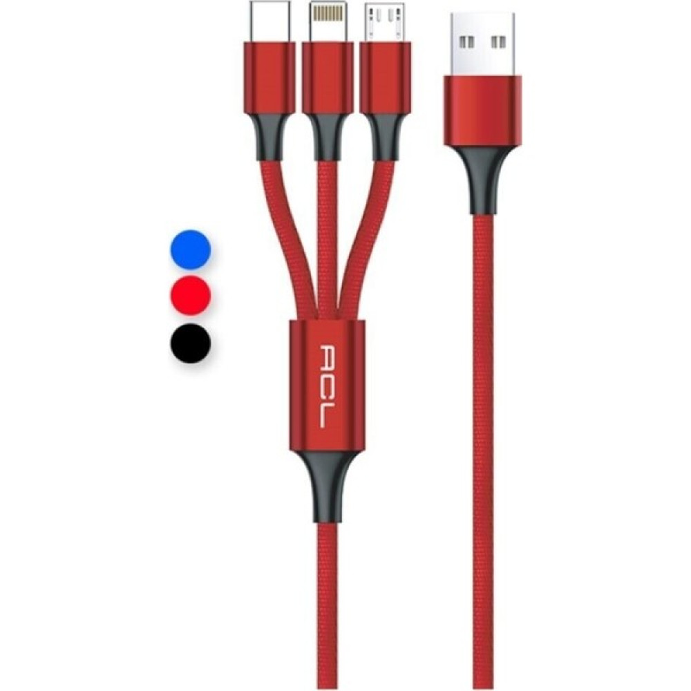 Acl Ack-47 Primecord™ 3in1 Lightning, Micro, Type-C Metal Başlık USB Şarj Kablosu - Kırmızı Cep Telefonu Şarj Cihazı Fiyatı