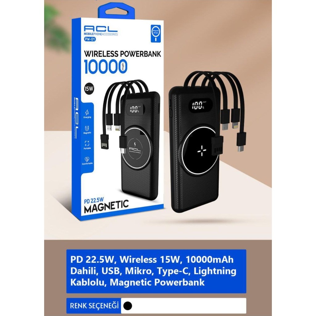 Acl Pw-01 Magsefe destekli 10.000 maH Powerbank - Siyah Taşınabilir Şarj Cihazı - Powerbank Fiyatı