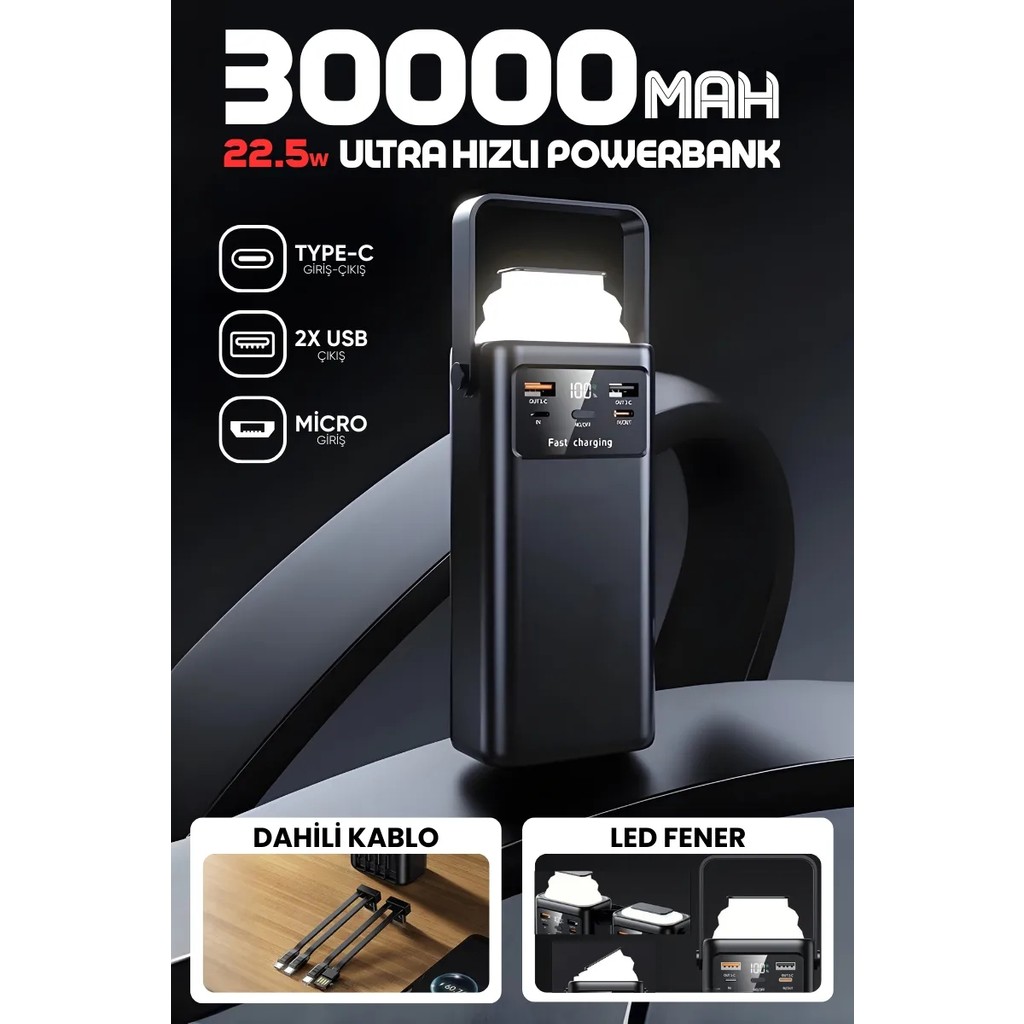 Acl PW-112 22.5W Outdoor Hızlı Şarj Powerbank Siyah – 30.000mAh Kapasite, Çoklu USB Çıkış, Dahili Kablolar, LED Ekran & Kamp Lambası Taşınabilir Şarj Cihazı - Powerbank Fiyatı