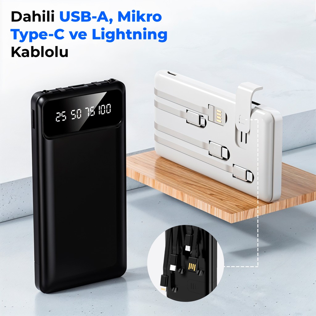 ACL PW-82 10.000mAh Powerbank Çoklu Şarj Kablolu Taşınabilir Şarj Cihazı - Siyah Taşınabilir Şarj Cihazı - Powerbank Fiyatı