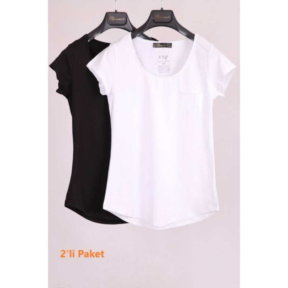 Aclassics Siyah Beyaz Bisiklet Yaka Cep Detaylı Yarım Kollu Slim Fit Pamuk 2'li Paket T-Shirt Bluz Fiyatı