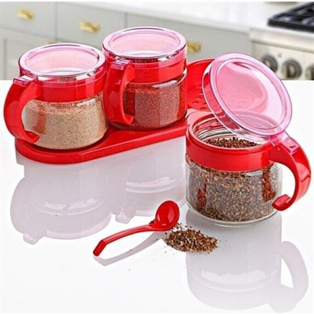 Acousticworld Kırmızı Standlı Kapaklı Kaşıklı Cam Hava Sızdırmaz Baharatlık Takımı KC-386 3'lü - 300 ml Baharat Setleri & Baharatlıklar Fiyatı