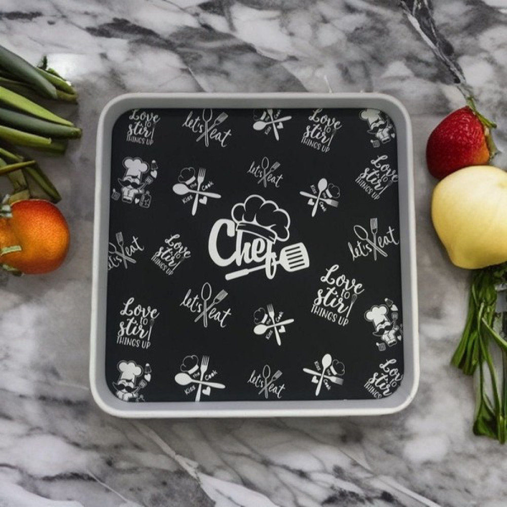 Acr Store Siyah Chef Baskılı Metal Kare Dekoratif Çay Kahve Sunum Tepsisi - 28 x 28 cm Servis Tepsisi Fiyatı