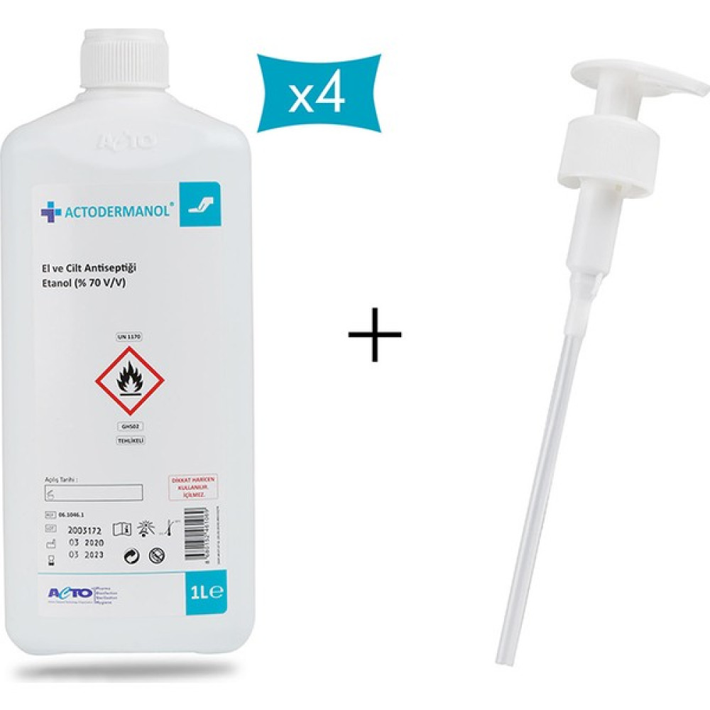 Actodermanol El ve Cilt Dezenfektanı Antiseptiği 1lt x 4 Adet + 1 Adet Pompa Hijyen ve Temizlik Fiyatı