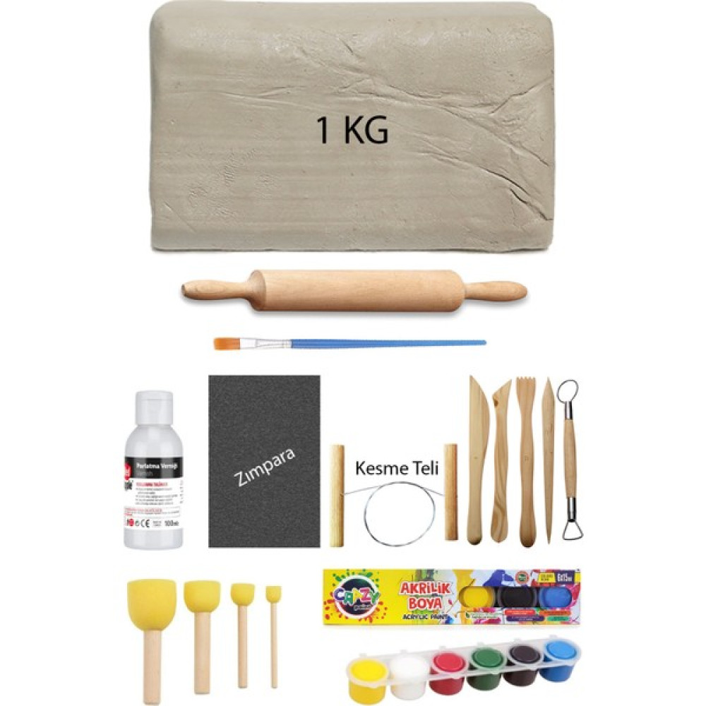 Acuto Beyaz Seramik Hamuru 1 kg Kil Ebeşuar Seti 6X15 ml Akrilik Set 100 cc Vernik Ahşap Merdane Zımpara Sanatsal Malzemeler Fiyatı