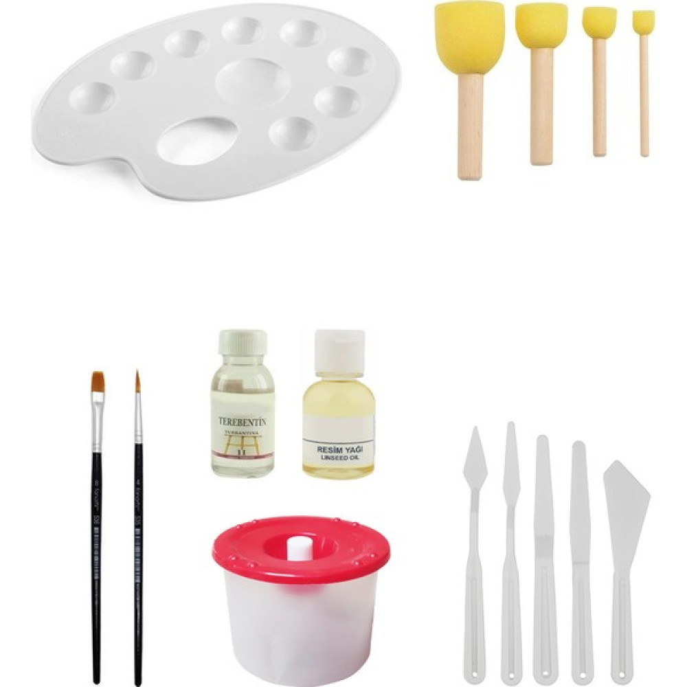 Acuto Godeli Palet Ponpon Fırça Seti Düz Yuvarlak Fırça Resim Yağı Terebentin Su Kabı Plastik Spatula Seti Yardımcı Malzeme Fiyatı