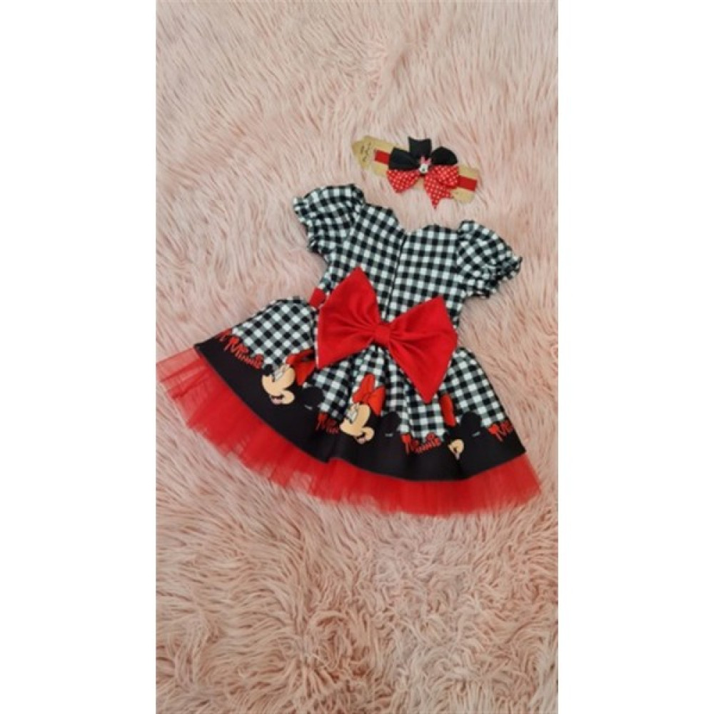 Ada Anne Çocuk Moda Kareli Mickey Mouse Baskılı Kırmızı Tüllü Kabarık Elbise Kız Çocuk Elbise Fiyatı