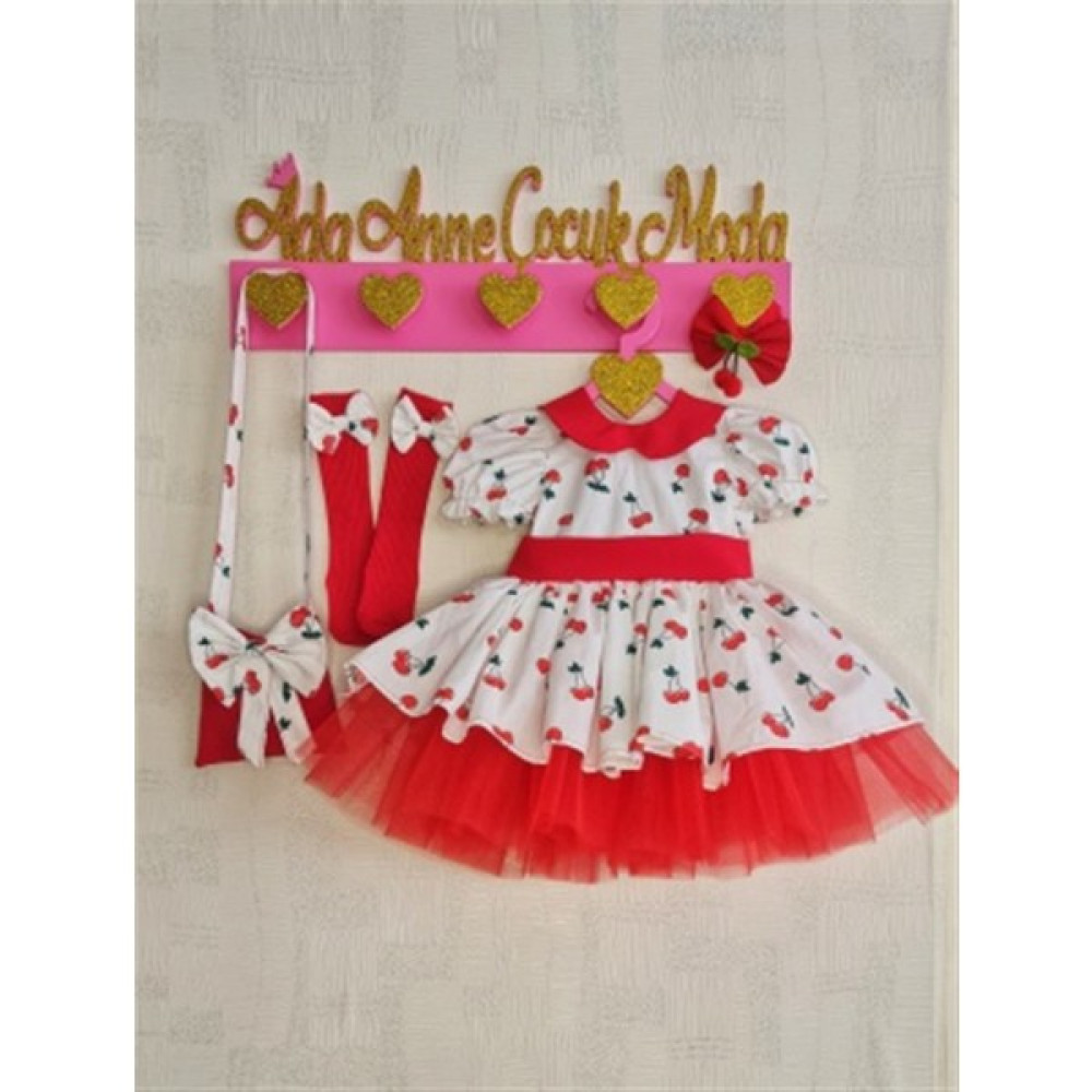Ada Anne Çocuk Moda Kiraz Desenli Kabarık Tüllü Kız Çocuk Elbise Elbise Fiyatı