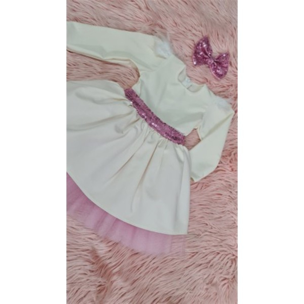 Ada Anne Çocuk Moda Kız Çocuk Ekru Beyaz Kabarık Pembe Payet Detay Elbise Elbise Fiyatı
