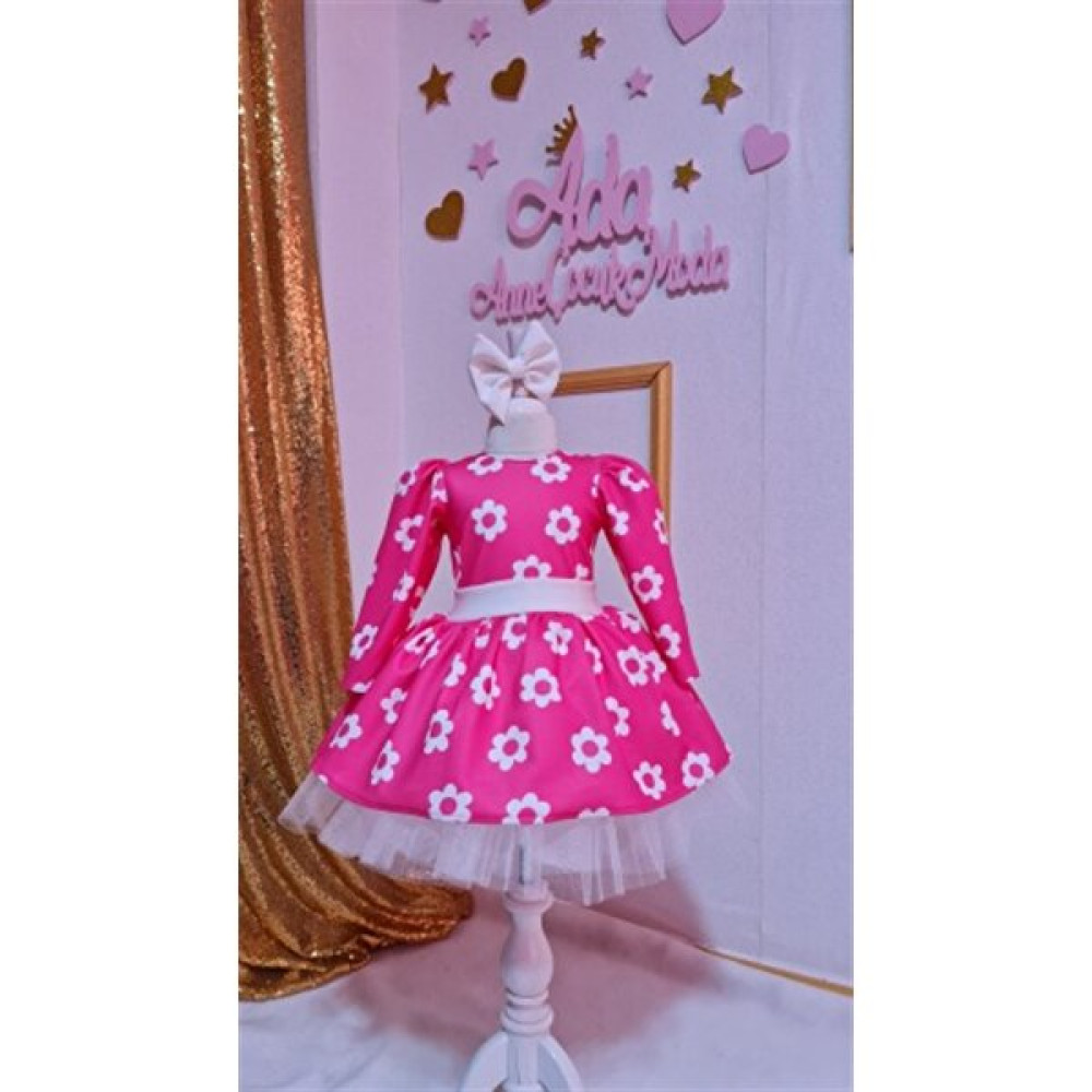 Ada Anne Çocuk Moda Kız Çocuk Fuşya Üzeri Beyaz Çiçekli Kabarık Niloya Elbise Kız Çocuk Elbise Fiyatı