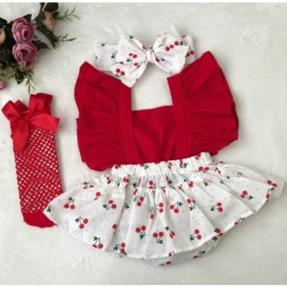 Ada Bebek Çocuk Kız Çocuk Kiraz Desenli Salopet Bandana File Çorap 3 'lü Takım Bebek Giysi Takım Fiyatı