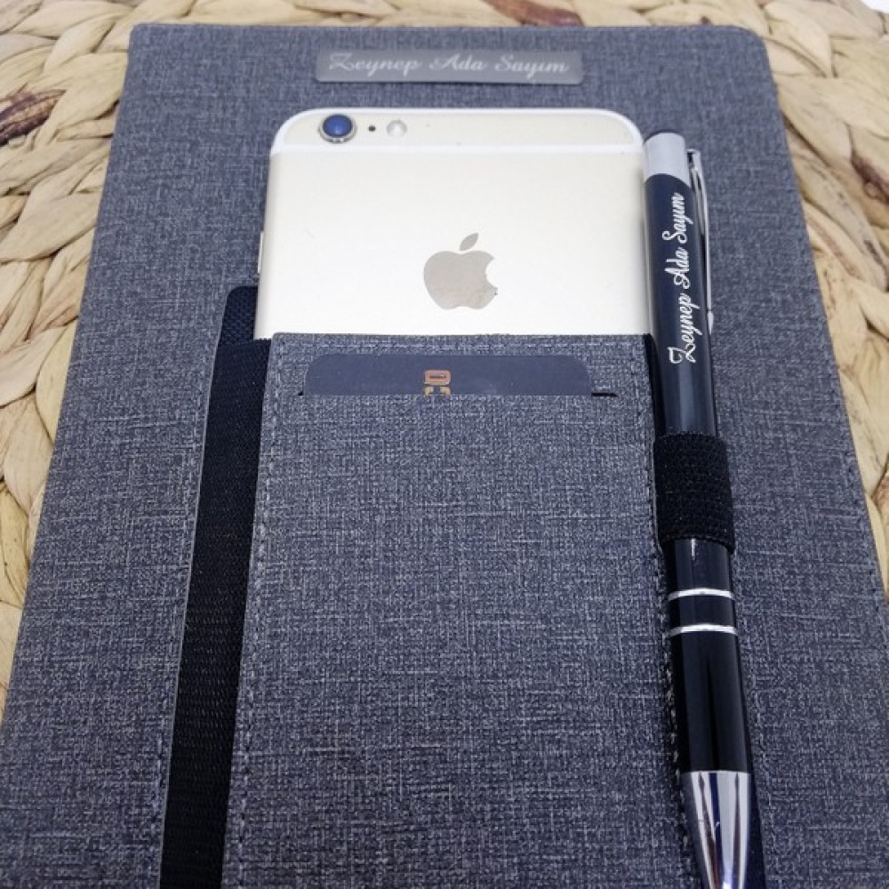 Ada Lazer Kişiye Özel Cepli Kartvizitlikli Defter ve Kalem Seti - Black - Grey Ajanda Fiyatı