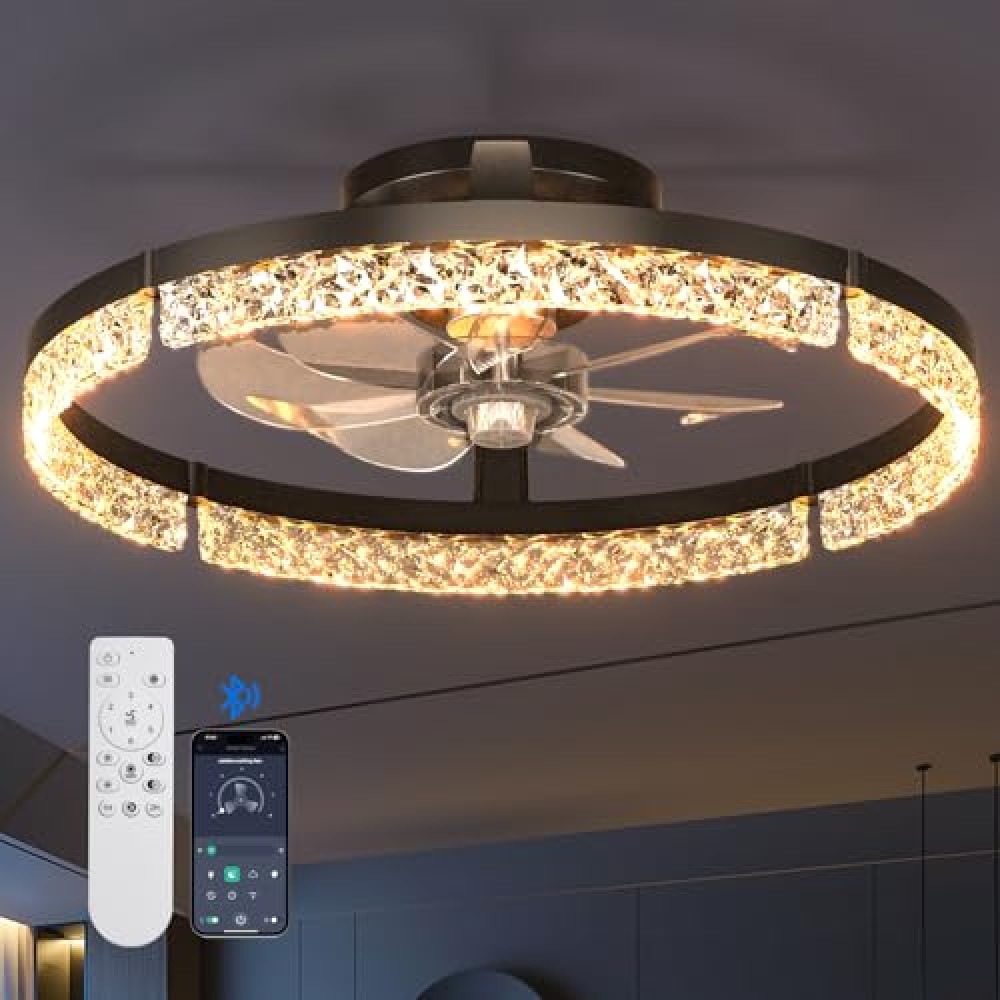 addlon Ceiling Fans with Lights and Remote, 20'' Low Profile Ceiling Fans, 3000-6000K Dimmable Modern Flush Mount LED Fan Light, Fandelier Ceiling Fan for Bedroom, Kitchen, Living Room, Black