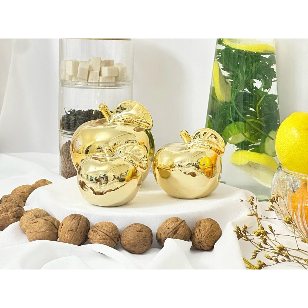 Aden Glass Sevgililer Günü Hediyesi Elma Biblo 3 Lü Gold Dekor Obje 6 cm 8 cm 10 cm - Altın Biblo Fiyatı