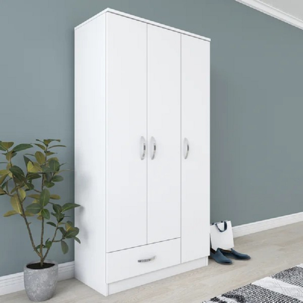 Aden Home Alara 3 Kapaklı Çekmeceli Gardırop, Elbise Dolabı, Mdf, M-GRD11 - Beyaz Gardrop & Dolap Fiyatı