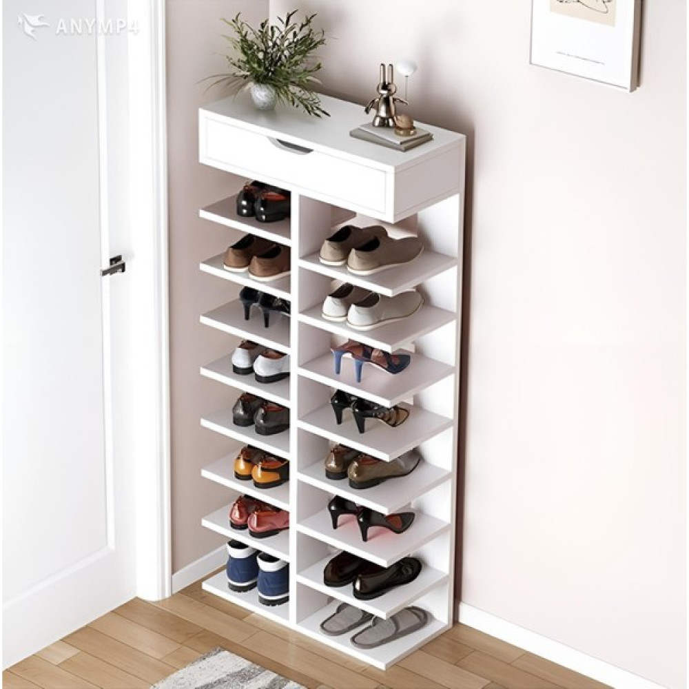 Aden Home Beyaz Mdf Ayakkabılık, 16 Raflı Çekmeceli Basamaklı Dekoratif Ayakkabılık, 146X56CM, MAYK09 Ayakkabılık Fiyatı