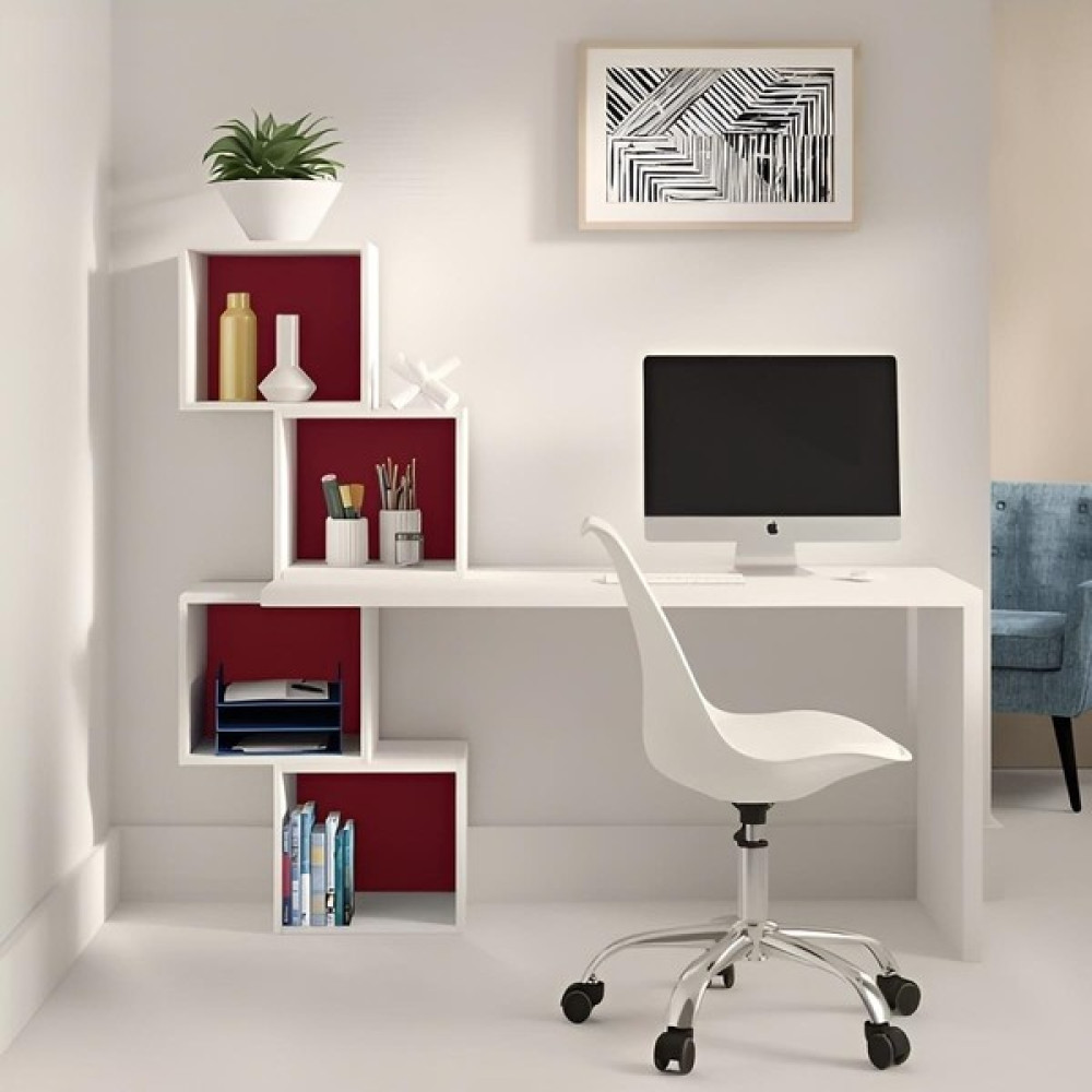 Aden Home Kitaplıklı Çalışma Masası, Mdf Beyaz Çalışma Masası, Ofis Çalışma Masası, Genç Odası, CM92 - 135 x 144 x 55 cm Çalışma Masası Fiyatı