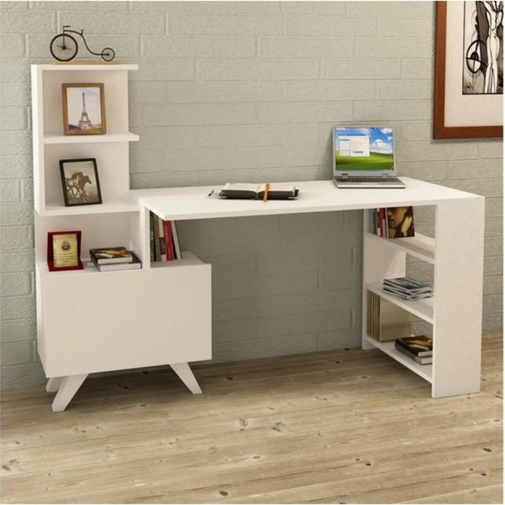 Aden Home Vera Kitaplıklı Çalışma Masası - Beyaz Mdf - 120 x 150 x 60 Çalışma Masası Fiyatı