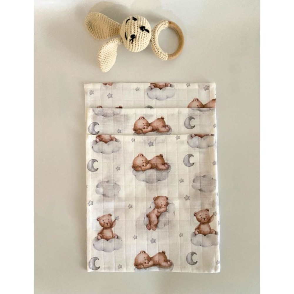 ADENKUSH Bear El Yapımı Müslin 3'lü Set Bebek Ağız Bezi & Ağız Mendili & Ter Bezi (25X25) - Gri - Beyaz - Standart Mama Önlüğü Fiyatı