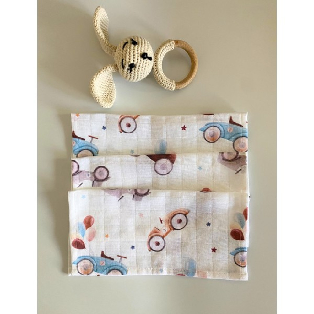 ADENKUSH Cars El Yapımı Müslin 3'lü Set Bebek Ağız Bezi & Ağız Mendili & Ter Bezi (25X25) - Standart - Kahverengi - Beyaz Mama Önlüğü Fiyatı