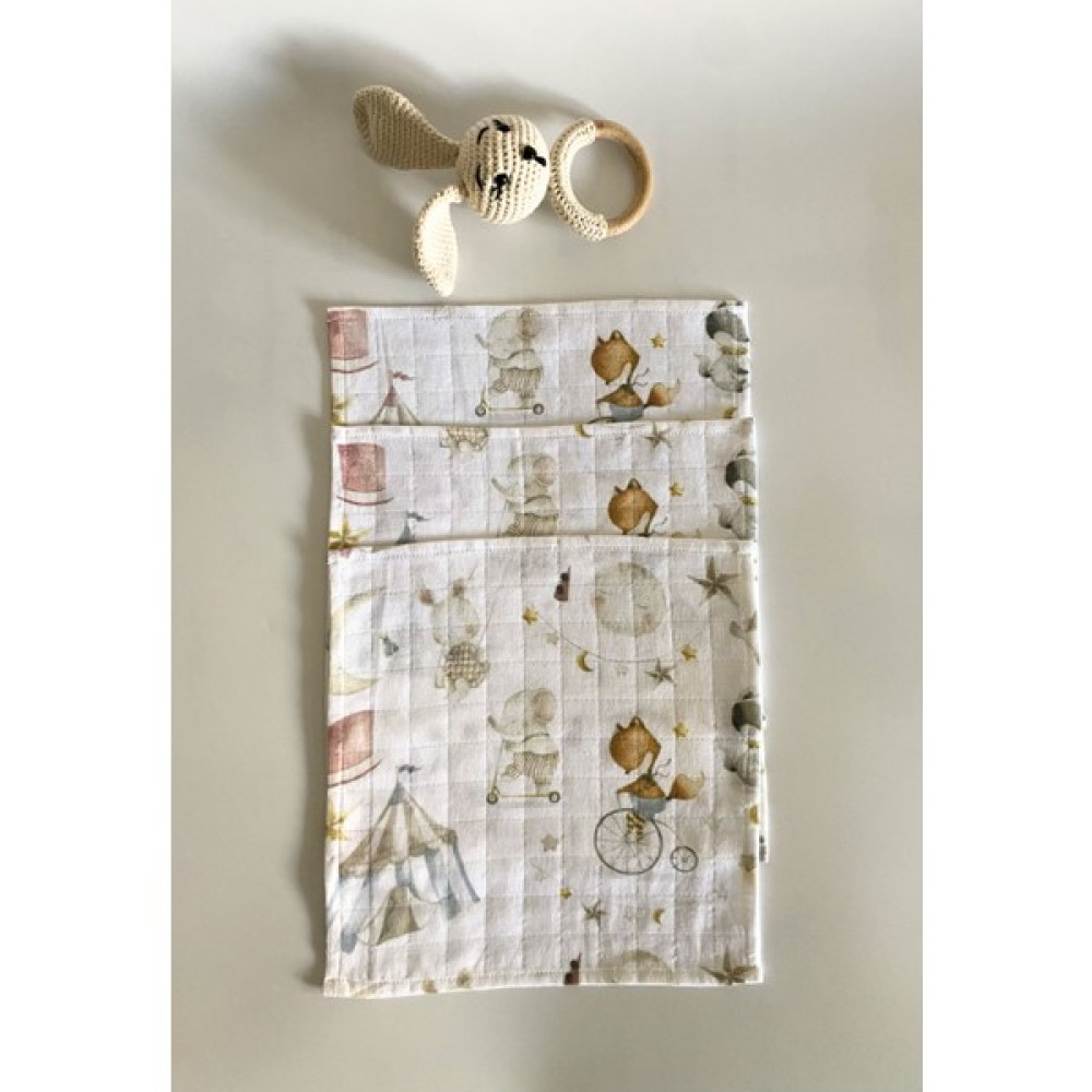 ADENKUSH Circus El Yapımı Müslin 3'lü Set Bebek Ağız Bezi & Ağız Mendili & Ter Bezi (25X25) - Standart - Kiremit - Beyaz Mama Önlüğü Fiyatı