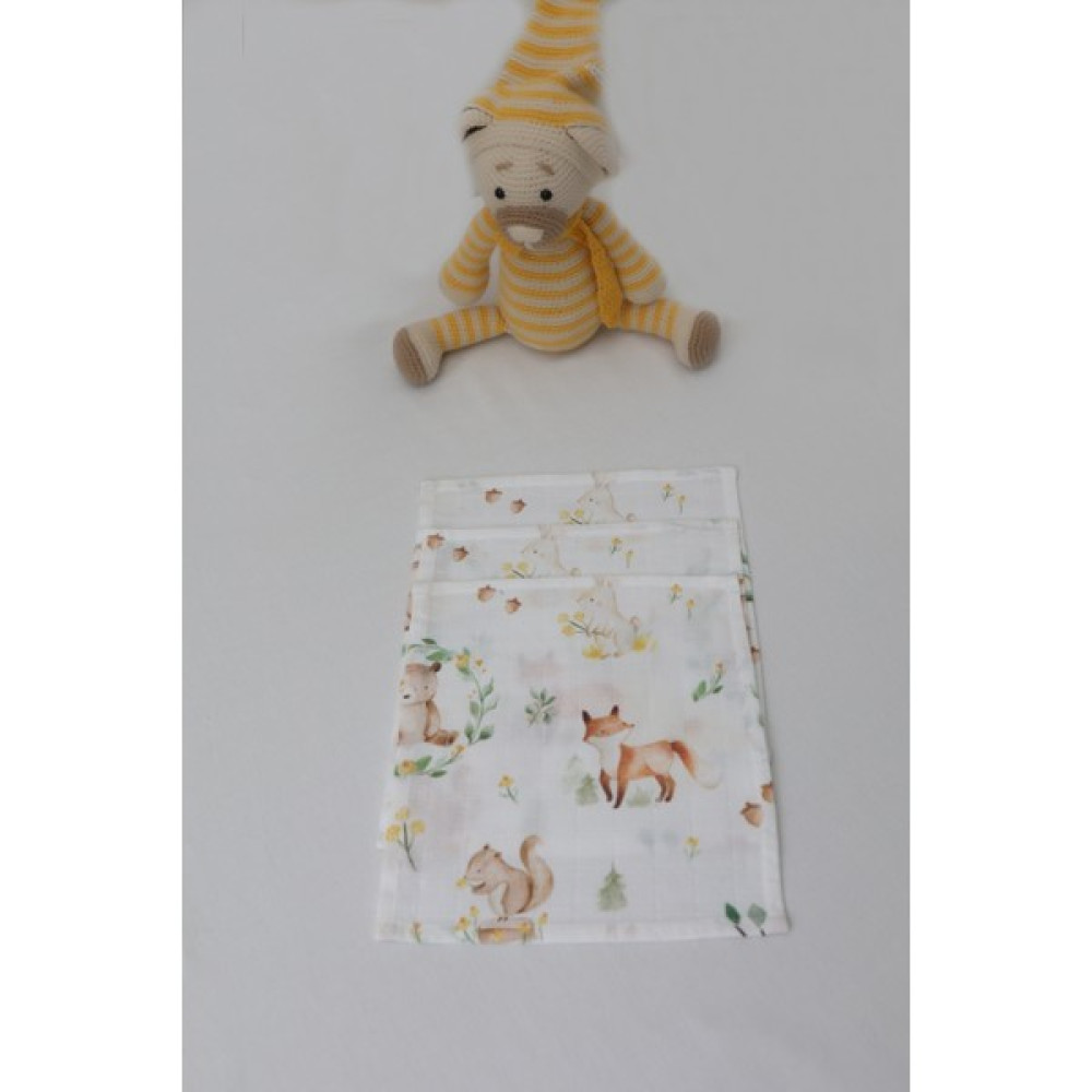 ADENKUSH Forest El Yapımı Müslin 3'lü Set Bebek Ağız Bezi & Ağız Mendili & Ter Bezi (25x25) - Beyaz - Sarı - Standart Mama Önlüğü Fiyatı