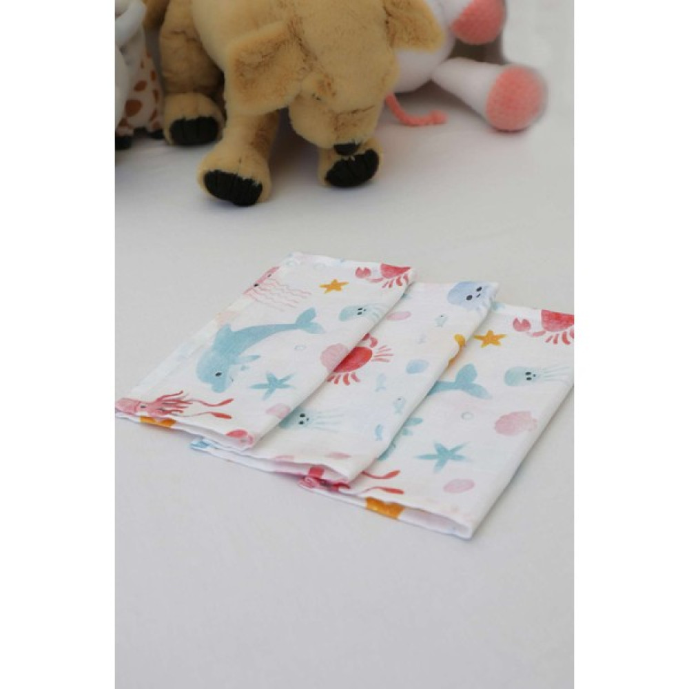 ADENKUSH Ocean El Yapımı Müslin 3'lü Set Bebek Ağız Bezi & Ağız Mendili & Ter Bezi (25x25) - Beyaz - Mavi - Standart Mama Önlüğü Fiyatı