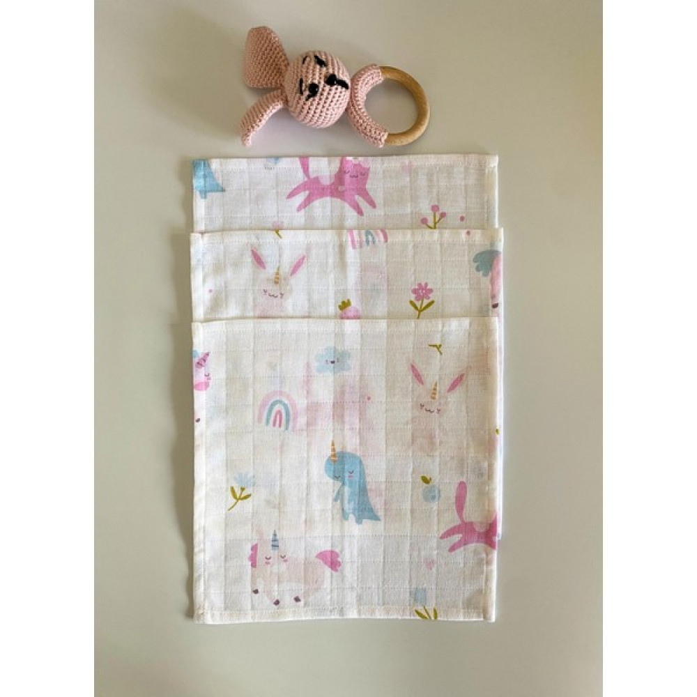 ADENKUSH Unicorn El Yapımı Müslin 3'lü Set Bebek Ağız Bezi & Ağız Mendili & Ter Bezi (25X25) - Standart - Beyaz - Pembe Mama Önlüğü Fiyatı