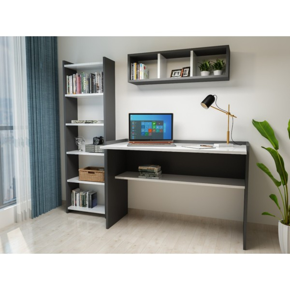 Adesa - Hera Çalışma Masası 3'lü Set - 118 x 58 x 80 cm - Antrasit - Beyaz Çalışma Masası Fiyatı