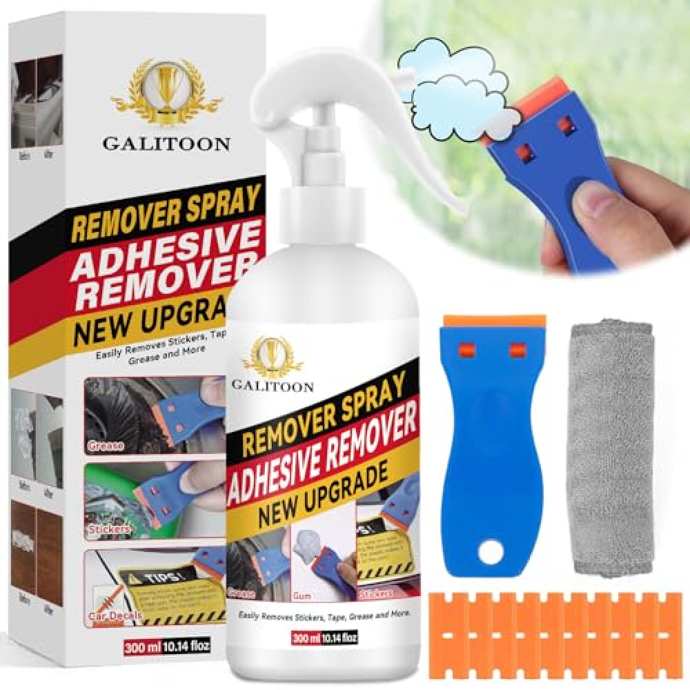 Adhesive Remover, Surface-Safe Glue Remover with Plastic Scraper, Sticker Remover for Easy Removal of Stickers, Labels, Decals, Tape Residue, Gum, Tar, Grease, Adhesive Remover for Cars 300 ML
