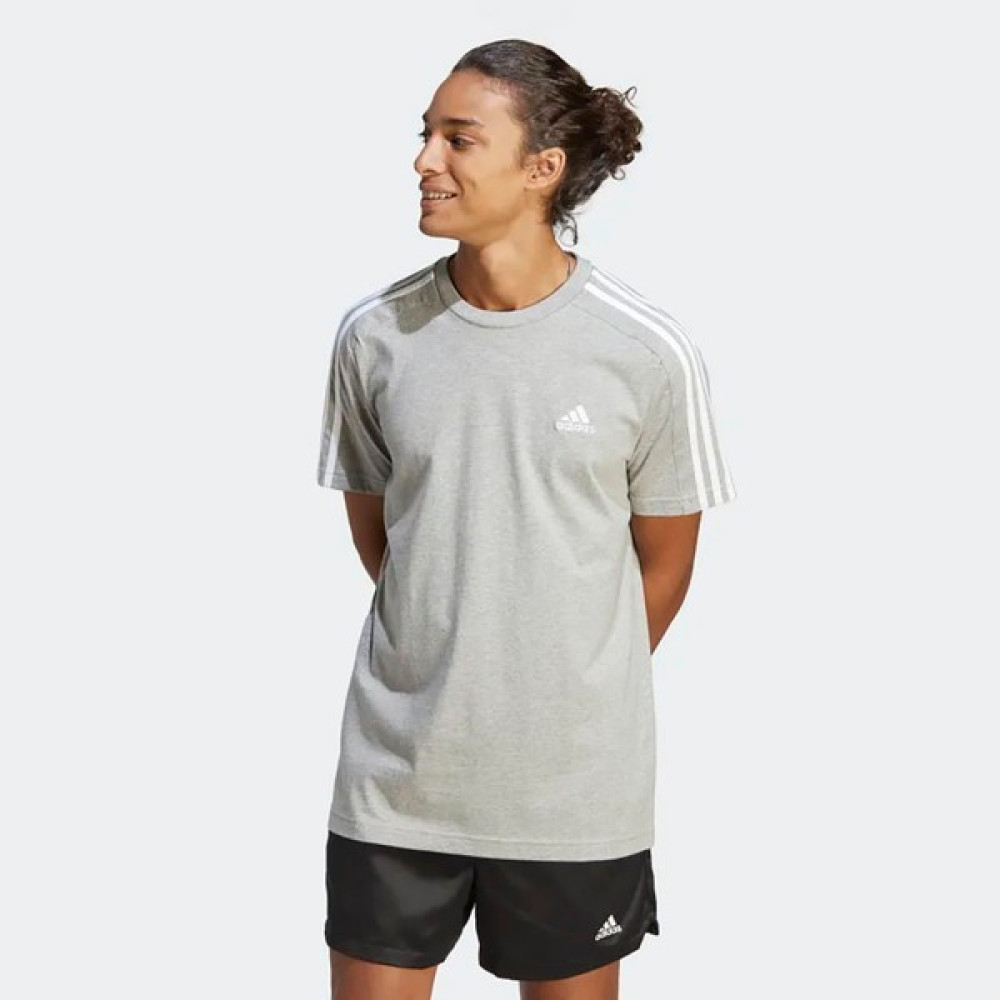 adidas 3 Stripes Single Jersey Erkek Gri Bisiklet Yaka Tişört Erkek T-shirt Fiyatı
