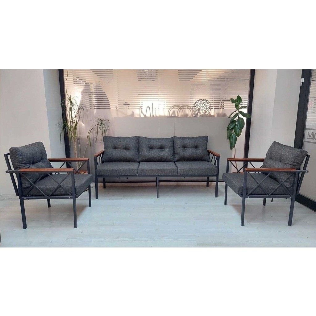 Adım Shops Safir 3 1 1 Çay Seti Keten Kumaşlı Metal Bahçe Koltuk Takımı 120 cm Derinlik Klasik Tasarım - Koyu Gri Koltuk Takımı / Seti Fiyatı