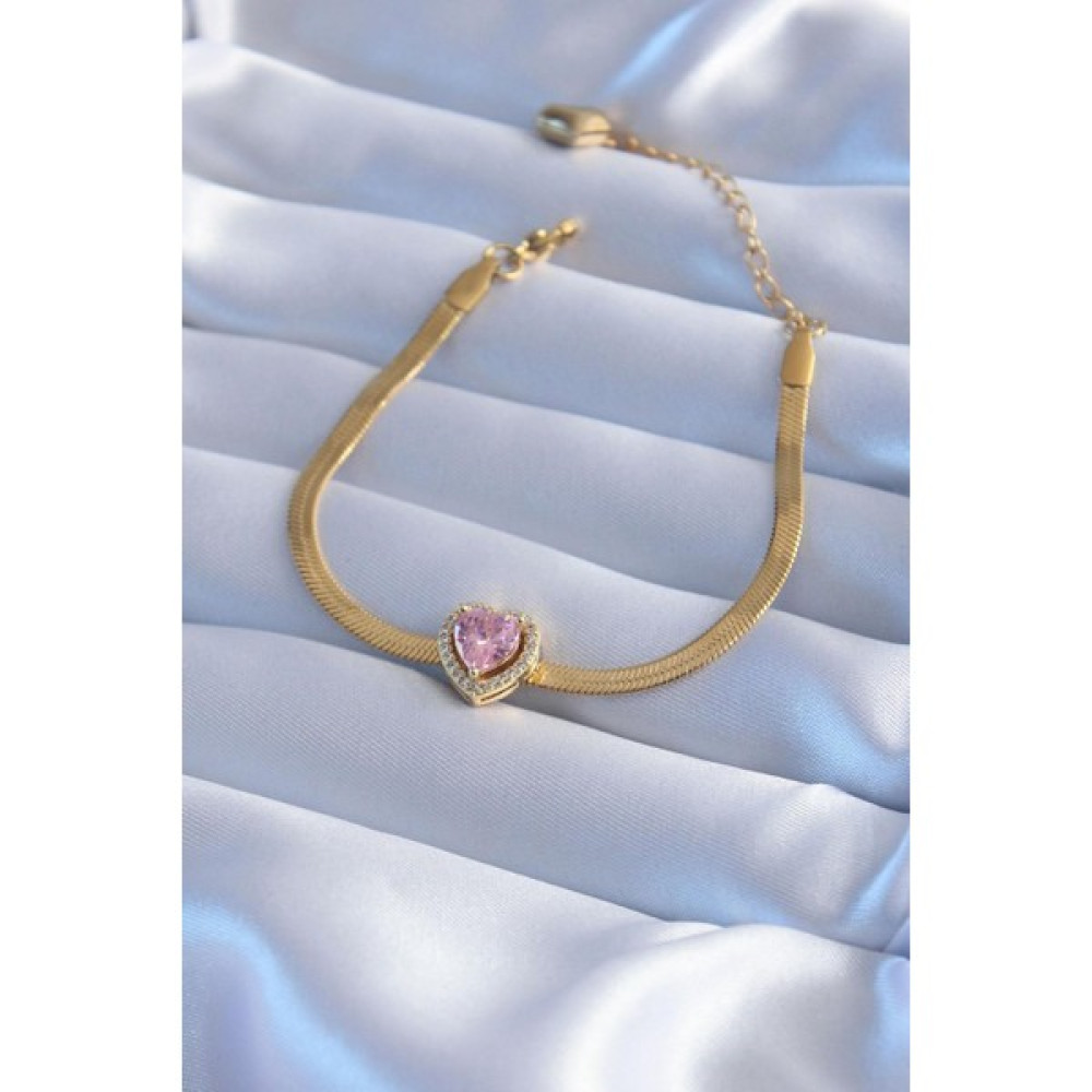 Adisia 316L Çelik Gold Renk Italyan Zincir Pembe Zirkon Taş Kalp Charm Model Kadın Bileklik Saat ve Bileklik Aksesuarı Fiyatı
