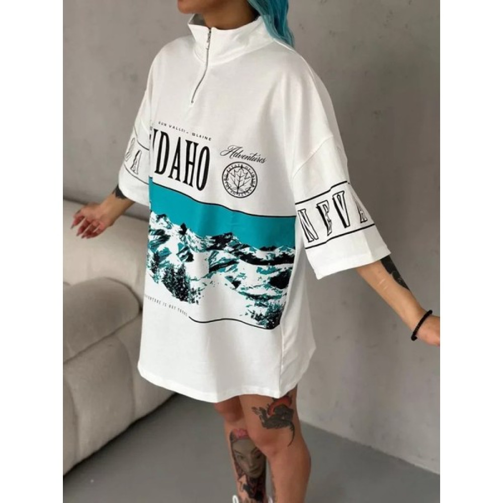 AdisiaGiyim Unisex Baskılı Yarım Fermuarlı T-Shirt - Beyaz Elbise Fiyatı