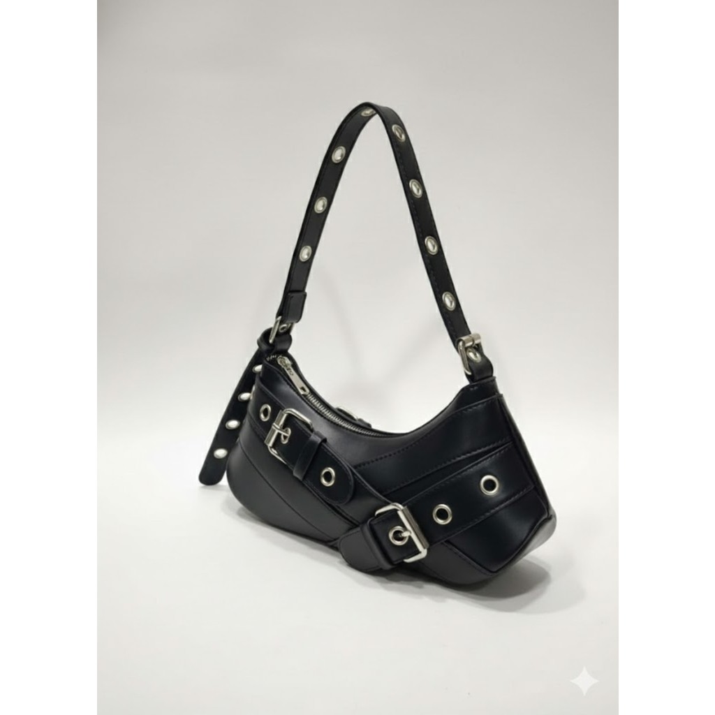 adissa collection Rocker - Tokalı Metal Halkalı Baget Çanta | Gümüş Aksesuarlı Punk Hobo Diğer Fiyatı