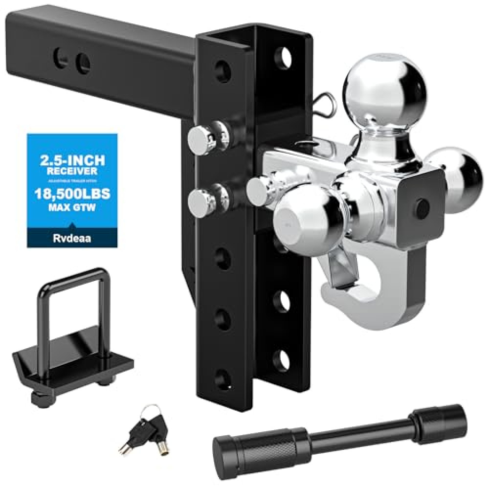 Adjustable Trailer Hitch Ball Mount with Hook, Tri-Ball (1-7/8" x 2" x 2-5/16") Drop, 6 Inch Drop, Fits 2.5-Inch Receiver 18500 LBS GTW, Anti-Theft Pins Locks, Tow for Heavy Duty Truck