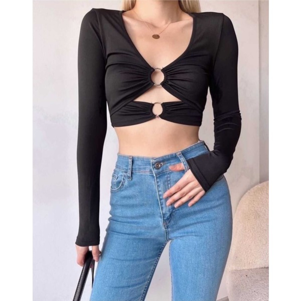 Ae Giyim Kadın Siyah Bluz Crop Top Halka Detaylı Uzun Kol Bluz Fiyatı
