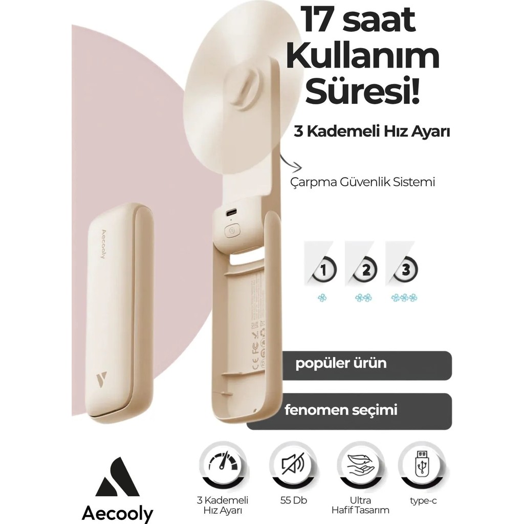 Aecooly Pf01 Katlanabilen Kompakt 3 Kademeli Portatif Soğutucu El Fanı Mini Vantilatör - Bej Diğer Fiyatı