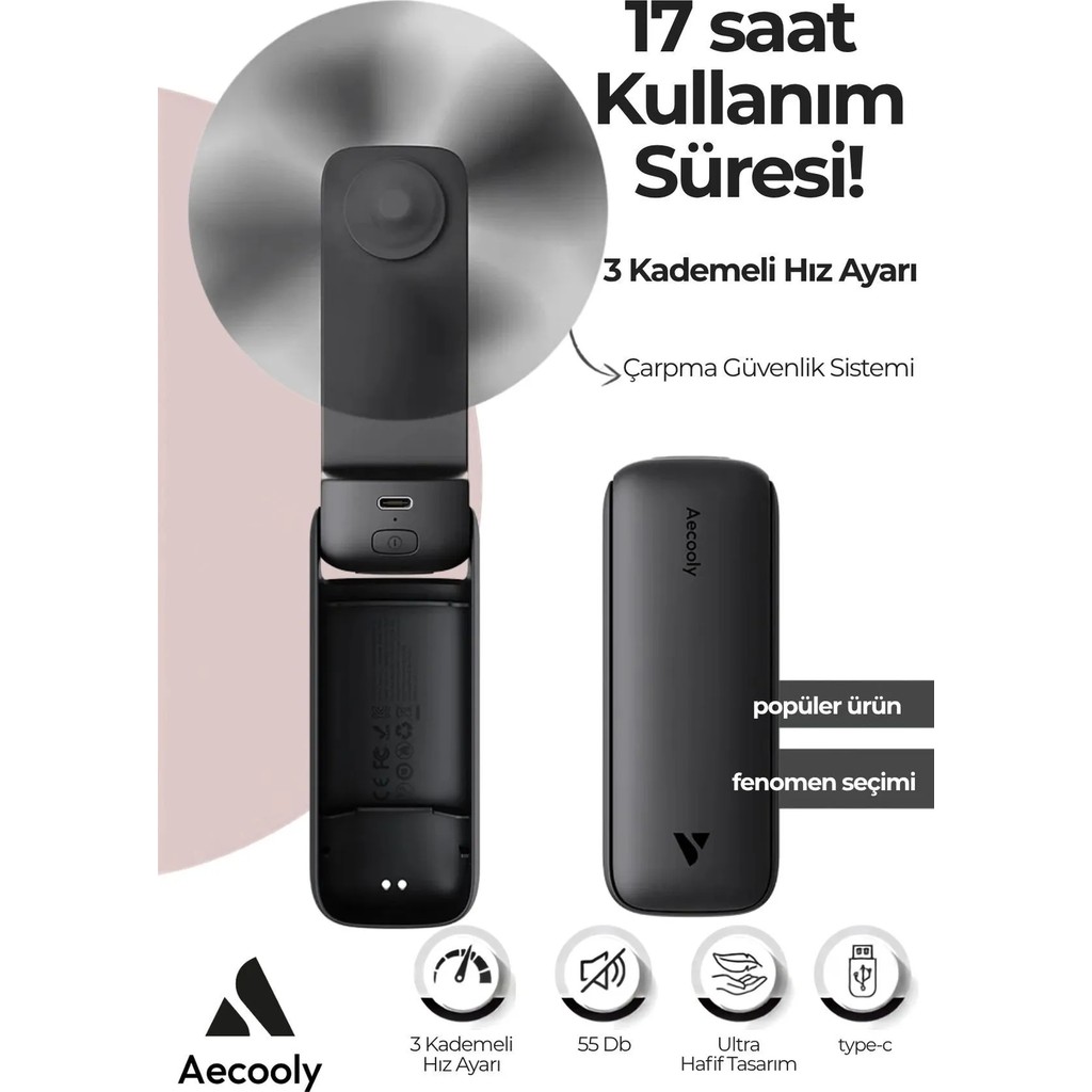 Aecooly Pf01 Katlanabilen Kompakt 3 Kademeli Portatif Soğutucu El Fanı Mini Vantilatör Siyah Diğer Fiyatı