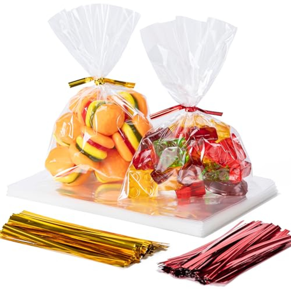 Aegero Cello Cellophane Treat Bags, 200 Pcs 4x6 Inches Clear Cellophane Bags with 200 Twist Ties for Gift Wrapping,Packaging Candies,Dessert,Bakery,Party Favors