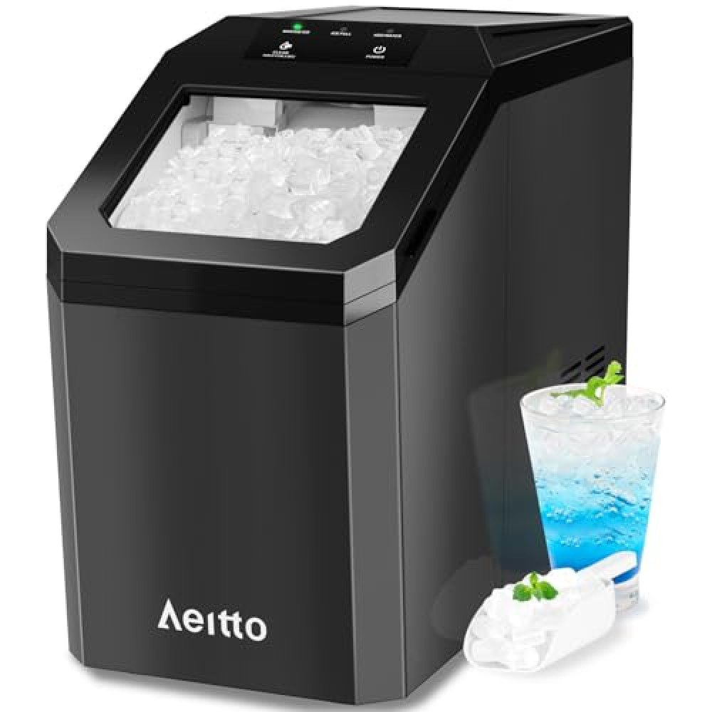 Aeitto Nugget Ice Maker Countertop, 55lbs/Day, Rapid Ice Release in 5 Mins, Large Capacity Chewable Ice Maker, Self-Cleaning with Stainless Steel Housing Ice Machine for Home Office and Party, Black